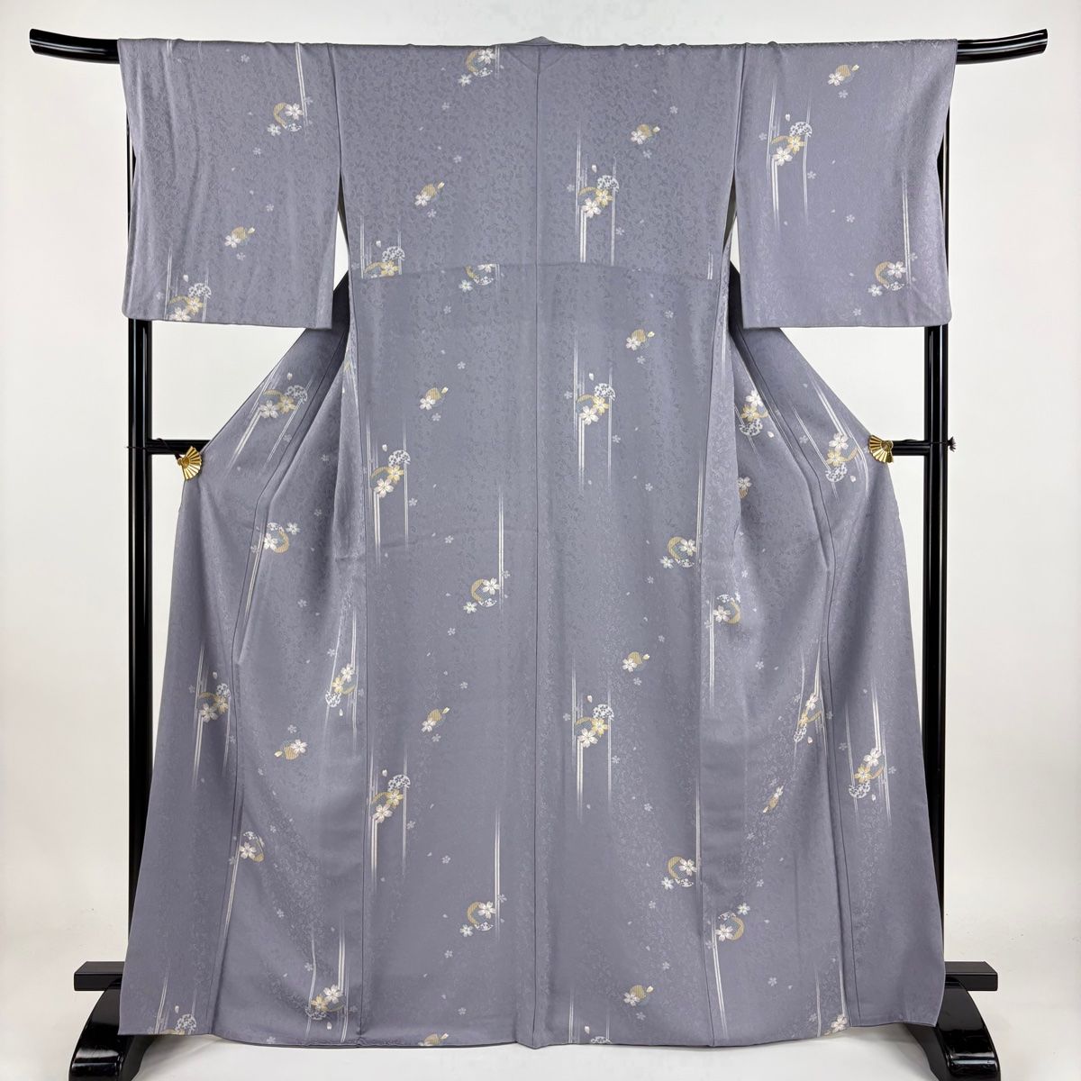 袷 小紋 正絹 美品 縮緬 M 桜 秀品 鼠色 ちりめん 身丈159cm 裄丈 源氏