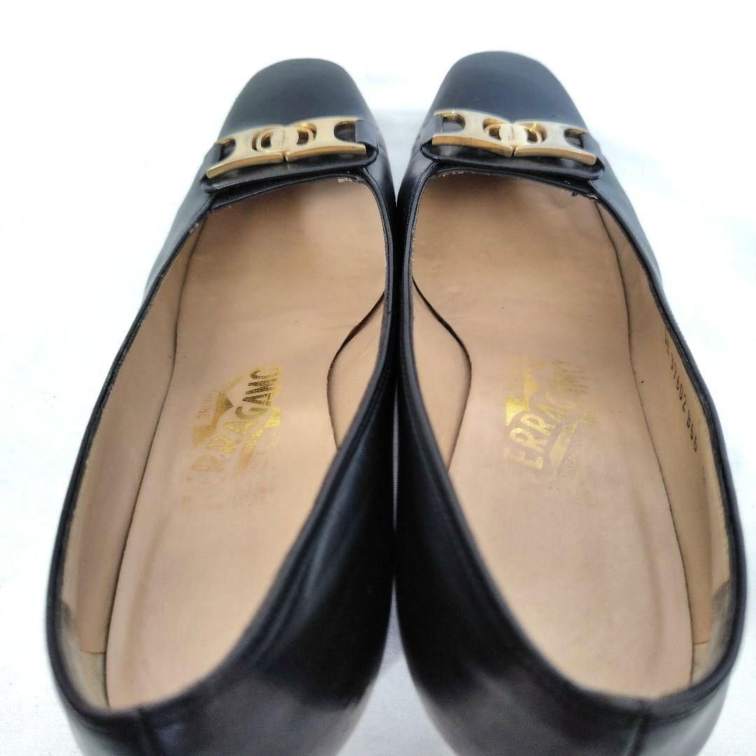 良品❤フェラガモ【Ferragamo】ヴァラプレート オープントゥ パンプス Ferragamo【フェラガモ】ヴァラプレート ブラックパンプス