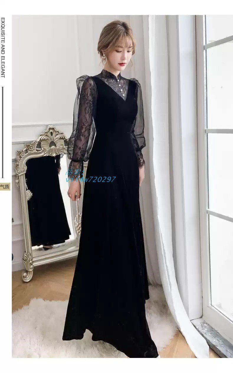 パーティードレス かっこいい 個性的 ロング 黒 長袖 ドレス ブラウス風 ピアノ 結婚式 総レース 演奏会 ロングドレス シフォン お呼ばれ 大きいサイズ 二次会 vii 4 w 720297