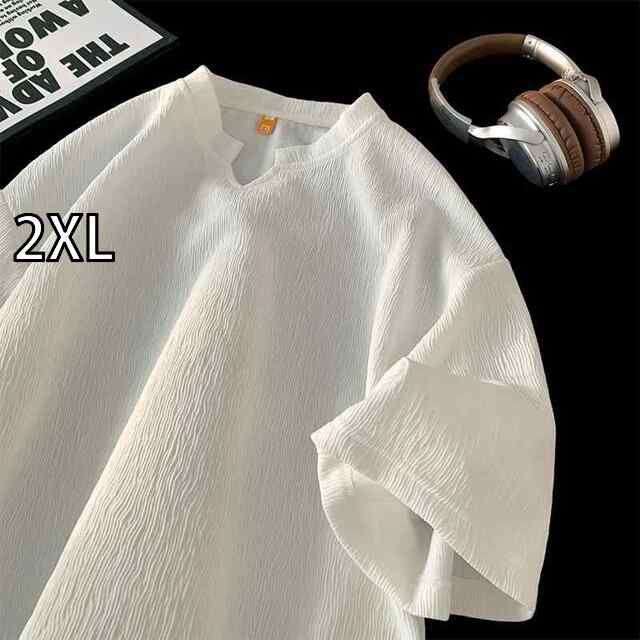 [2XL]メンズ  服  シンプル ファッション オシャレ 大人 かっこいい 大きいサイズ ストリート 紳士服 夏 テクスチャー Vネック 冷感 半袖 T シャツ ゆったり 服 ハイエンド