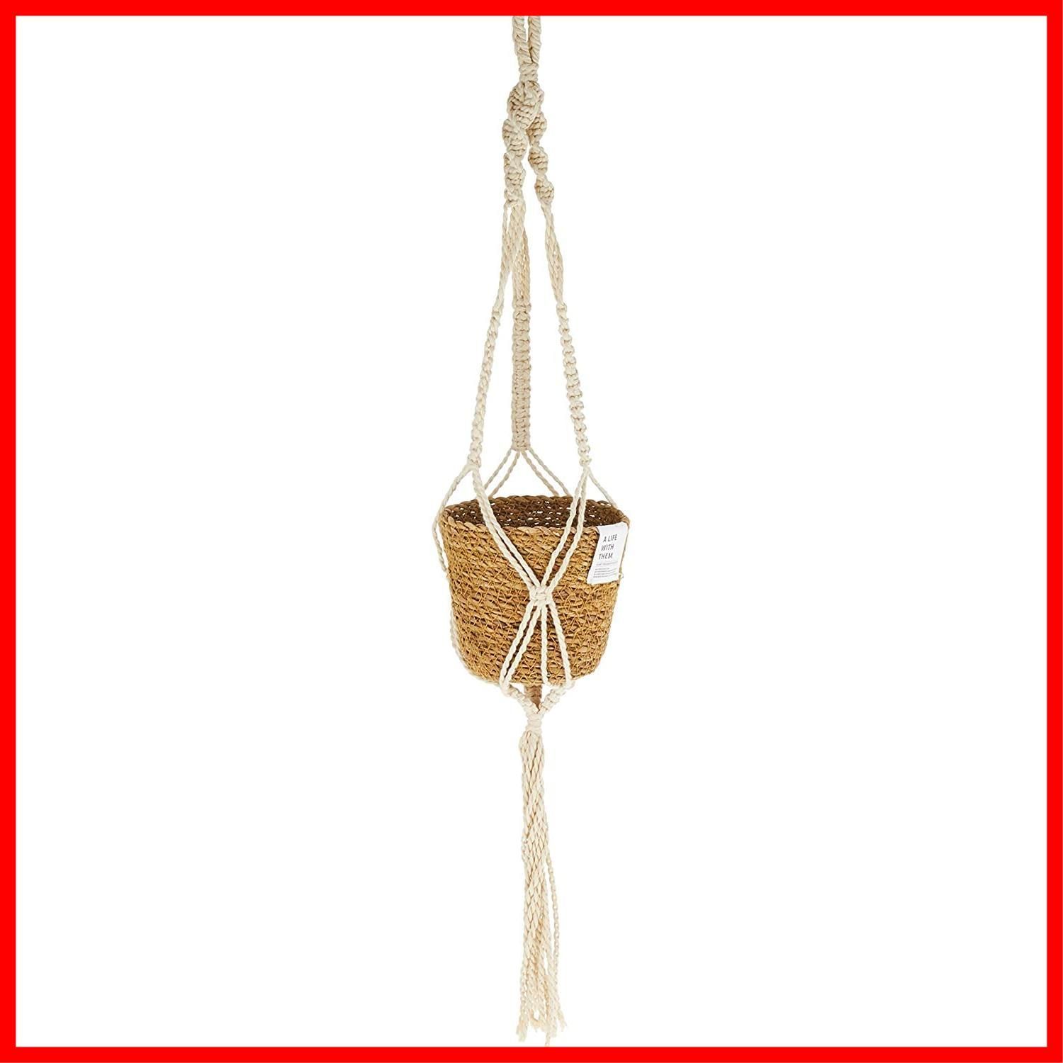 在庫セール お部屋のインテリアにマッチした観葉植物をハンギング 天然素材シーグラスのポット エンヴェールヘルック コットンロープをマクラメ編で編み上げ 直径13.5×高さ82cm Cタイプ ハンギングポット マクラメ編プラントハンガーとセットの