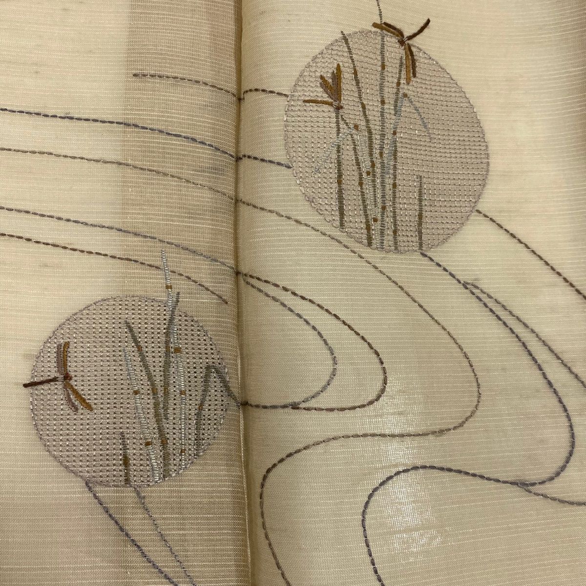 訪問着 身丈150.5cm 裄丈63.5cm S 薄物 夏紬地 とんぼ 流水 刺繍  