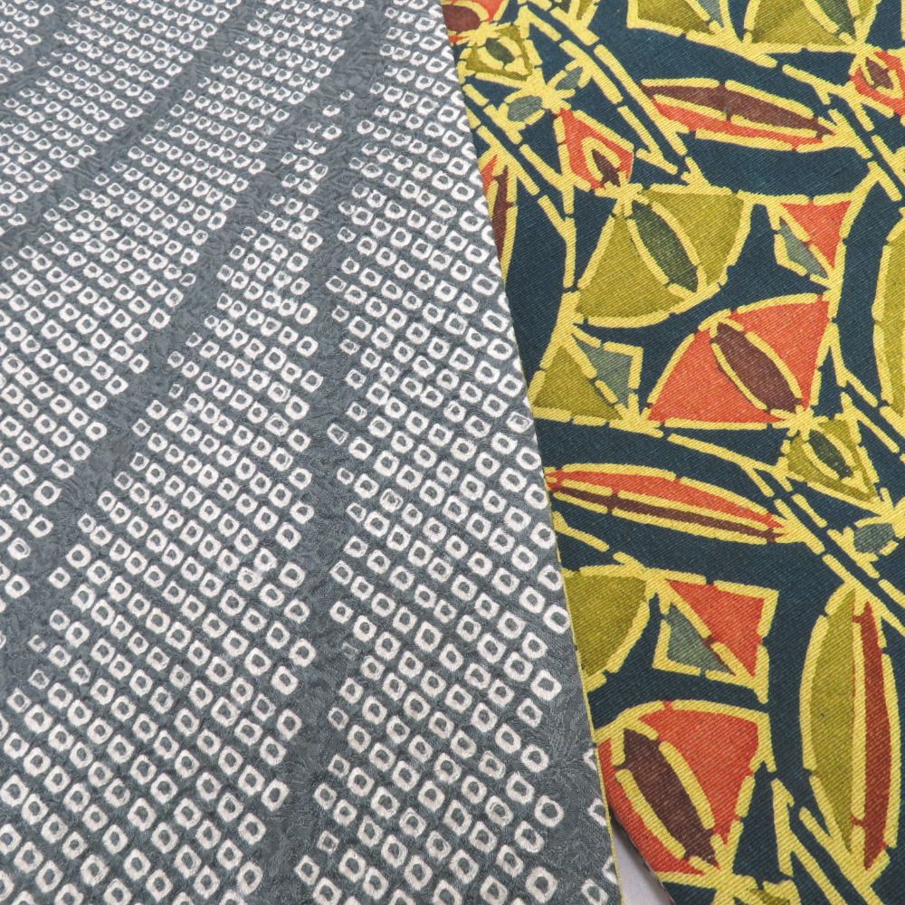 半幅帯 リバーシブル半巾帯 帯締め付き 正絹 巾 約16×長さ 約415cm 絞り×小紋 グレーブルーx多色 鹿の子x幾何学模様 仕立て上がり