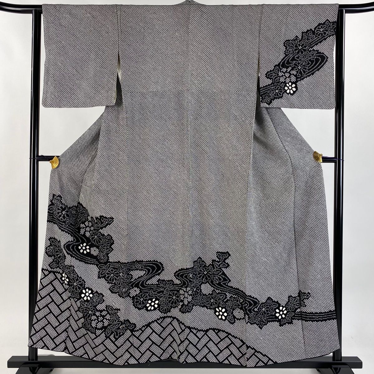 訪問着 身丈156cm 裄丈63.5cm S 袷 草花 流水 総絞り 黒 正絹 名品 【】