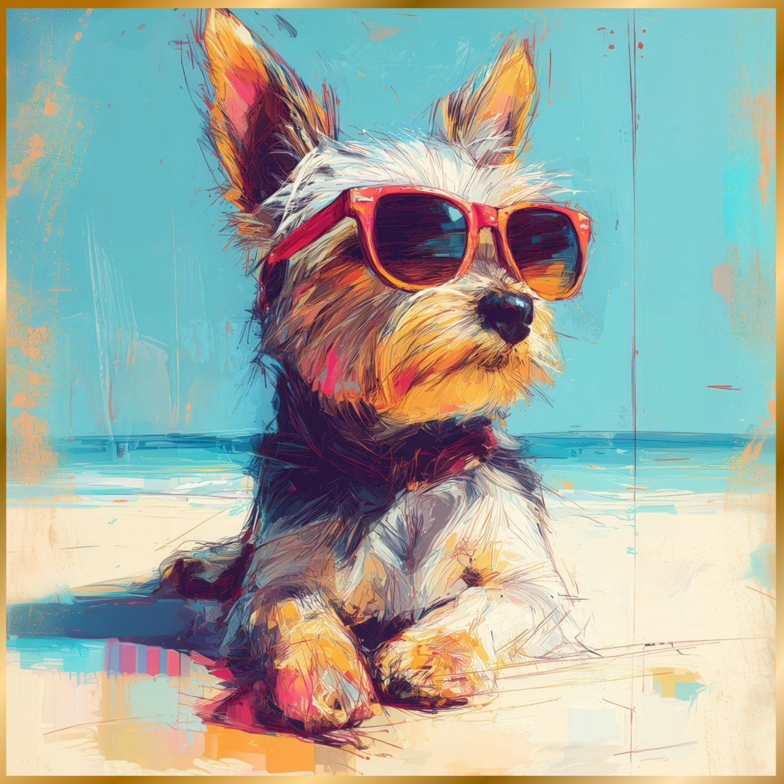 ヨークシャーテリア|ヨーキー犬とビーチのスケッチ No.2 海 犬の絵 犬のイラスト おしゃれ ミニマリスト ミニマリズム シンプル インテリアアート ペットロス うちの子 記念日 アートポスター ギフト プレゼント