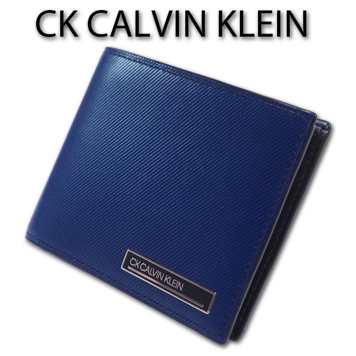 CKカルバンクライン CK CALVIN KLEIN 牛革 二つ折り財布 ポリッシュ メンズ ネイビー 紺 定価16，500円 キップレザー ガラスレザー バイアスカット