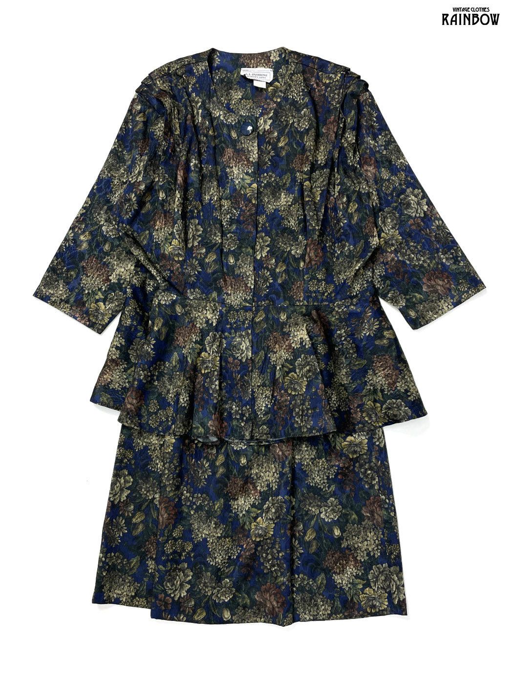 古着 S. L. FASHIONS アメリカ製 花柄 膝丈 長袖 セットアップ 紺 otu2508079