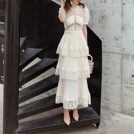 ワンピース 半袖 韓国 ロング丈 レース パーティー ティアード