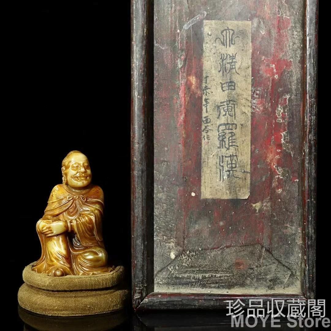 中国古美術 旧蔵寿山石 羅漢尊者 立像飾り 落款西谷作 文房具 き 聚財置物