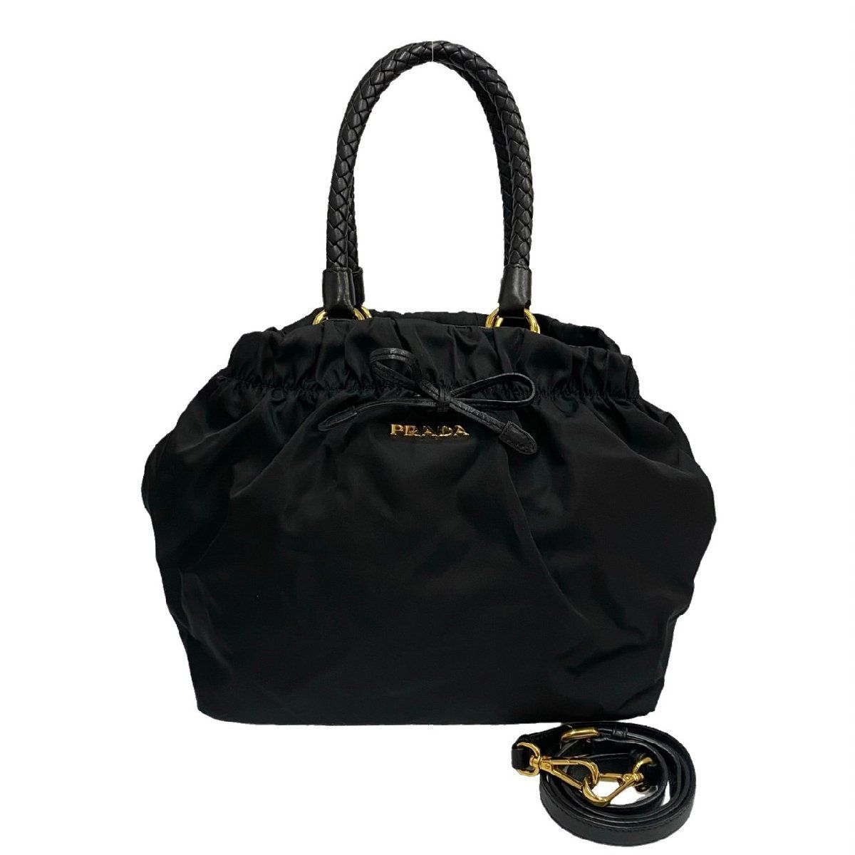 極 美品 カード付 PRADA プラダ ロゴ リボン レザー ナイロン 2way 