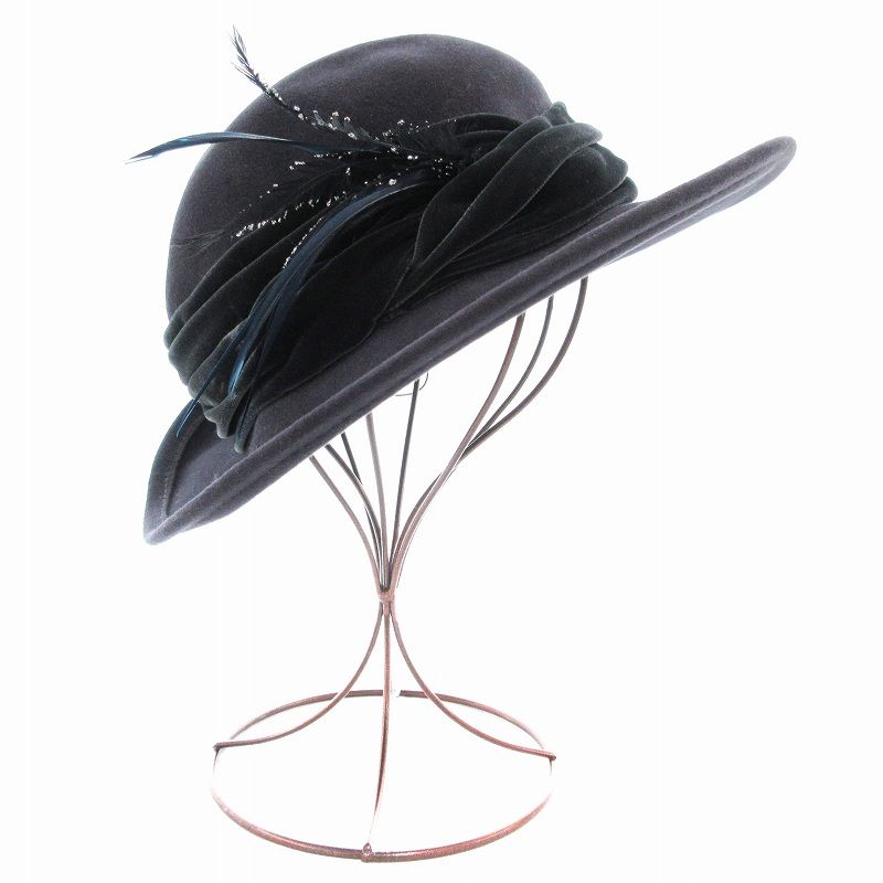 美品　maxim マキシン　ラビットウール　フェルトハット マキシン MAXIM ハット 帽子 羽飾り ラビットフェルト 紺