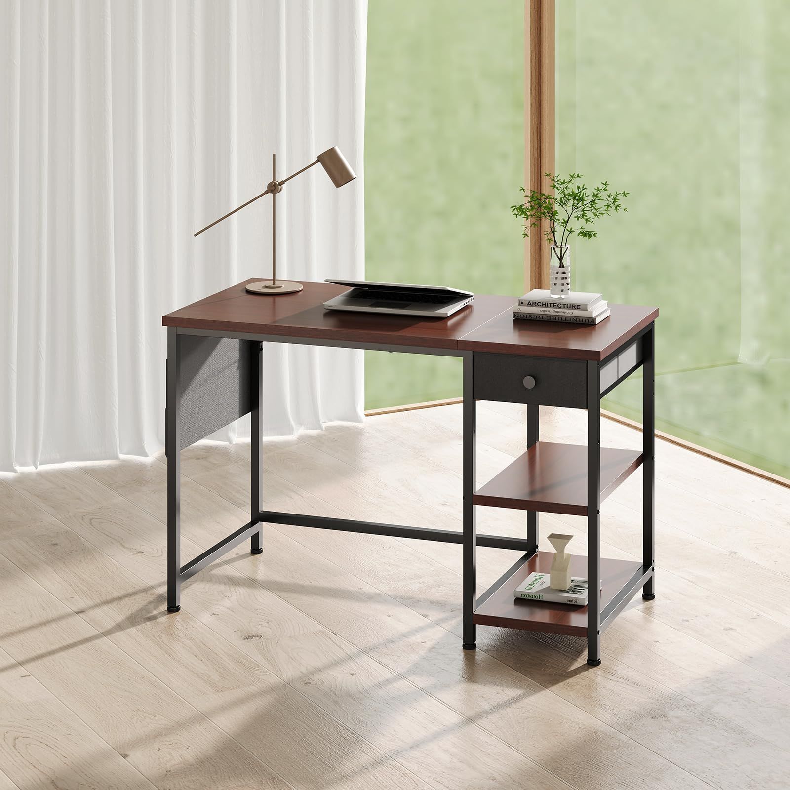 数量 YeTom pc パソコンデスク 幅100cm×奥行48cm 布製引き出し つくえ ラック付き ワークデスク オフィス 収納袋付き 勉強机 学習机 左右入替可 テレワーク 在宅勤務 ダークブラウン