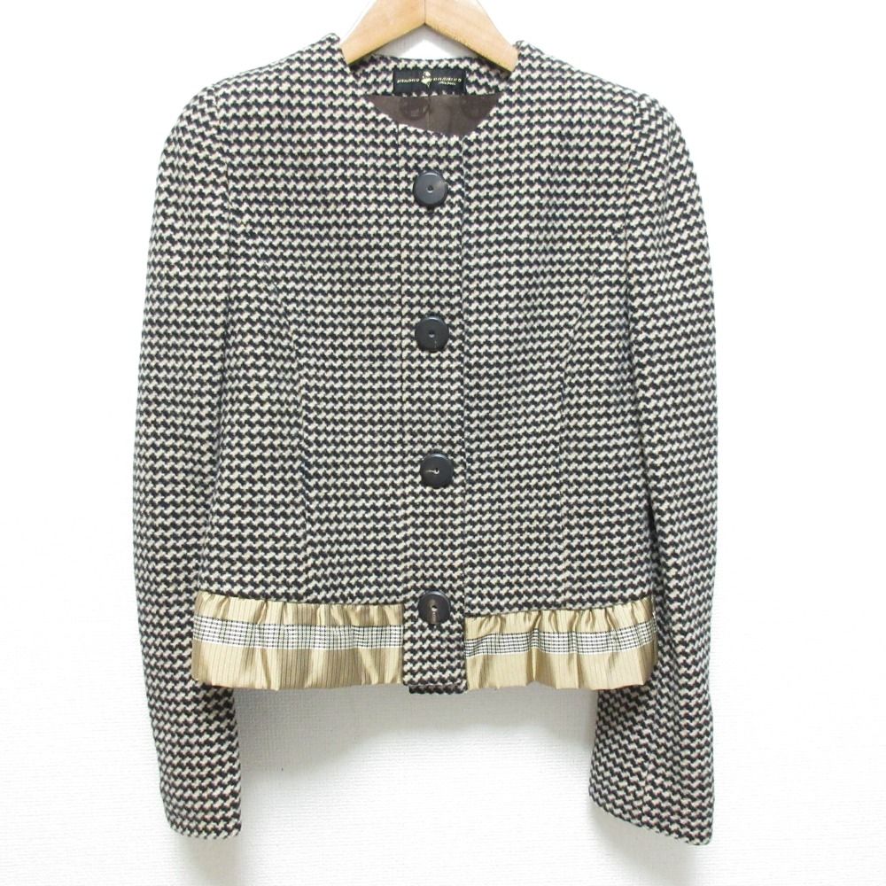 HIROKO KOSHINO ヒロココシノ 千鳥柄 ノー ジャケット スカート セットアップ サイズ6 ブラック ベージュ レディース 古着