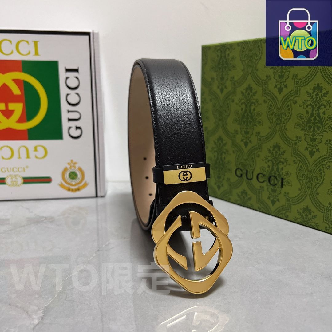 グッチ　GUCCI ベルト　未使用品 ダブルG シャイニーバックル ワイド ベルトブラック レザー