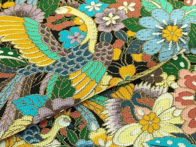 平和屋本店□極上 西陣 白綾苑大庭 六通柄袋帯 孔雀花文 黒地 金糸