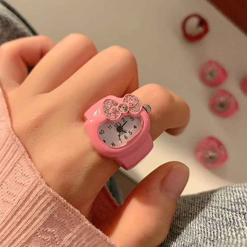 ハローキティ時計リング子供用、かわいい弓、ラインストーン時計