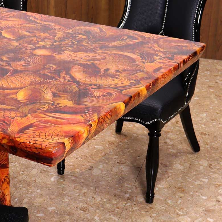 大理石 ダイニングセット 5点セット 180cm 本革 オレンジ 4人用 龍と鯉