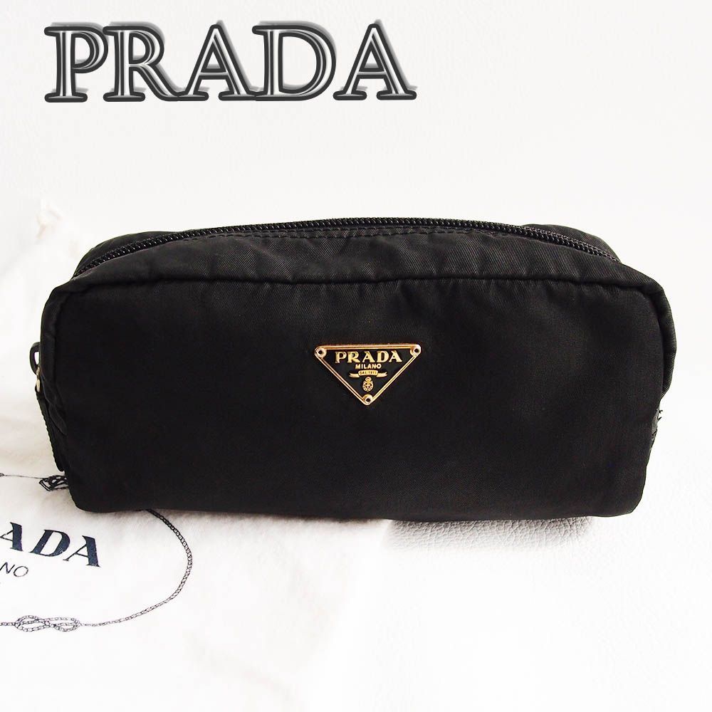 PRADA プラダ ナイロン 化粧 コスメ 小物 ポーチ ロゴ プレート 極美品】 PRADA ナイロン×レザー ポーチ 小物入れ 三角ロゴ
