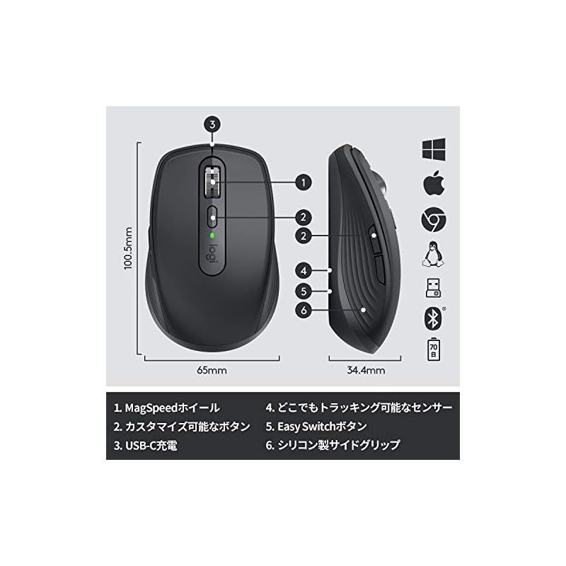 ロジクール MX ANYWHERE 3 ワイヤレス モバイルマウス MX1700GR Unifying Bluetooth 高速スクロールホイール  充電式 ワイヤレスマウス 無線 マウス windows mac chrome iPad OS MX1700 - メルカリ