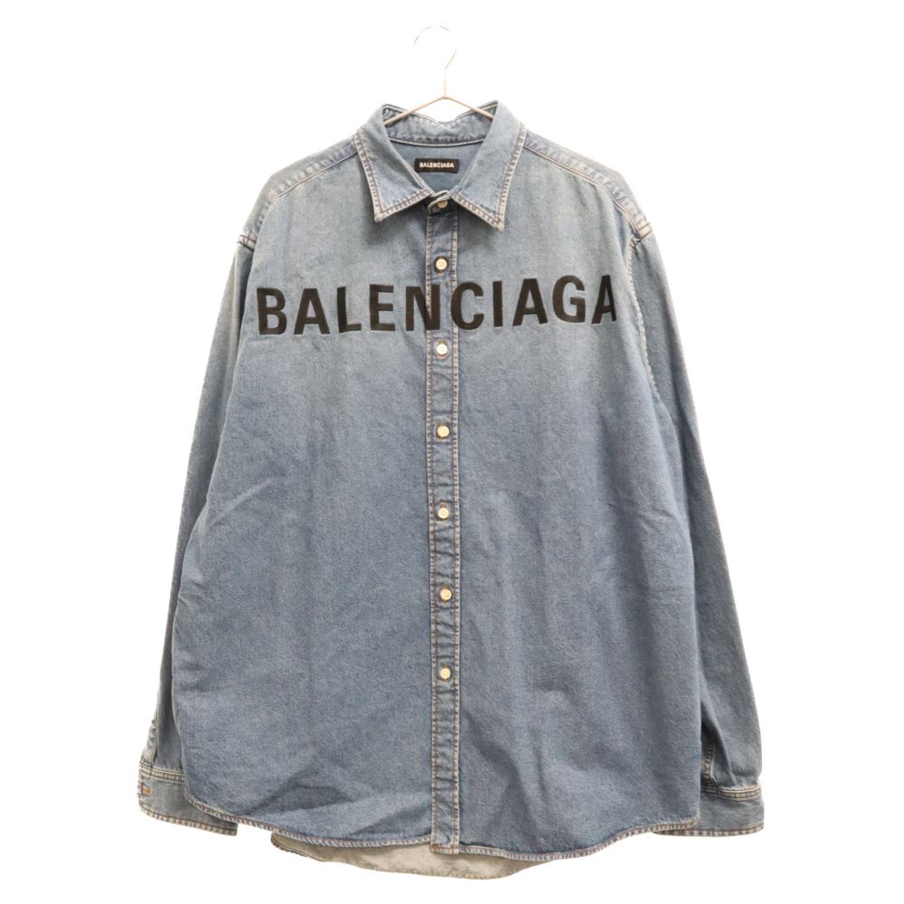 BALENCIAGA (バレンシアガ) 20SS Denim Long Sleeves Plain Cotton Logo Luxury Shirts  600280 TYE24 ロゴプリント オーバーサイズデニムシャツ 長袖 インディゴ - メルカリ