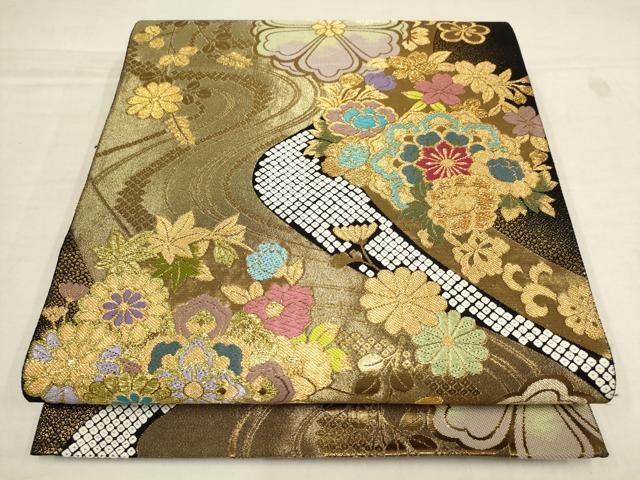 【着物と帯 時流】F25229◆正絹 袋帯◆長尺 曲線 花唐草 美品 着物と帯 時流】F25229◇正絹 袋帯◇長尺 曲線 花唐草 美品
