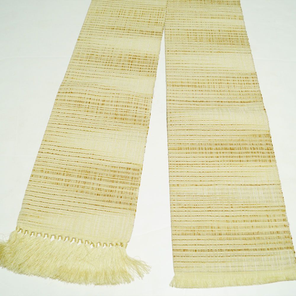 小袋帯 紬地 格子模様 クリームイエロー色系 紬 正絹 全通 半幅帯 四寸 