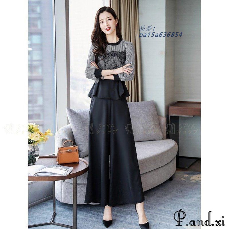 セットアップ パンツスーツ ガウチョパンツ ワイドパンツ 春秋 カジュアル 長袖 通勤 おしゃれ 切り替え着痩せ オフィス フ 裾 レース 大人 pai5a636854
