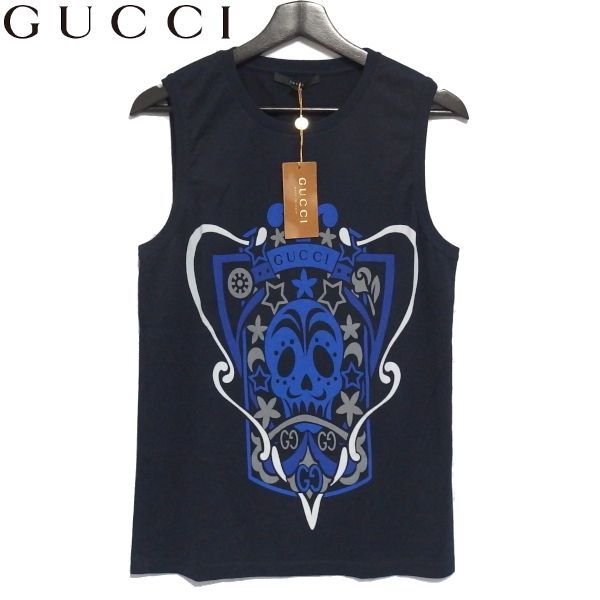 未使用★GUCCI スカル プリント タンクトップ ノースリーブ Tシャツ 237484 ネイビー タグ付き ドクロ グッチ★