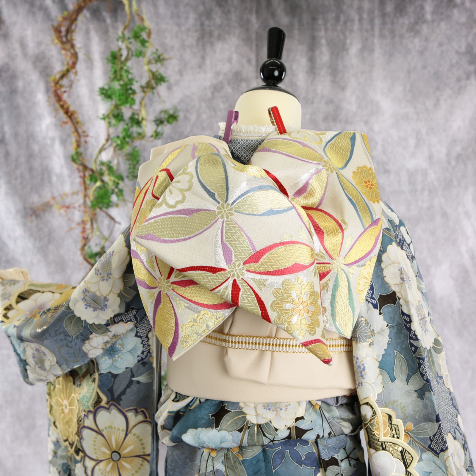 振袖フルセット 振袖セットPremium 振袖 M～Lサイズ くすみ×桜 美品 