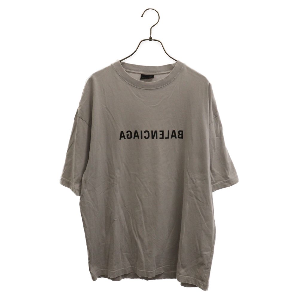 BALENCIAGA (バレンシアガ) 22AW MIRROR LOGO S/S T-SHIRTS ダメージ加工リバースロゴプリントオーバーサイズ半袖Tシャツ クルーネックカットソー グレー 612966 TNVV8