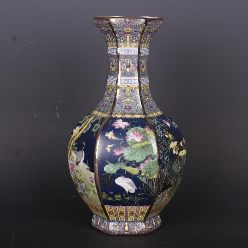 清乾隆蒔金琺瑯彩花鳥六方賞瓶 景徳鎮 陶磁器 装飾品 現代工芸品