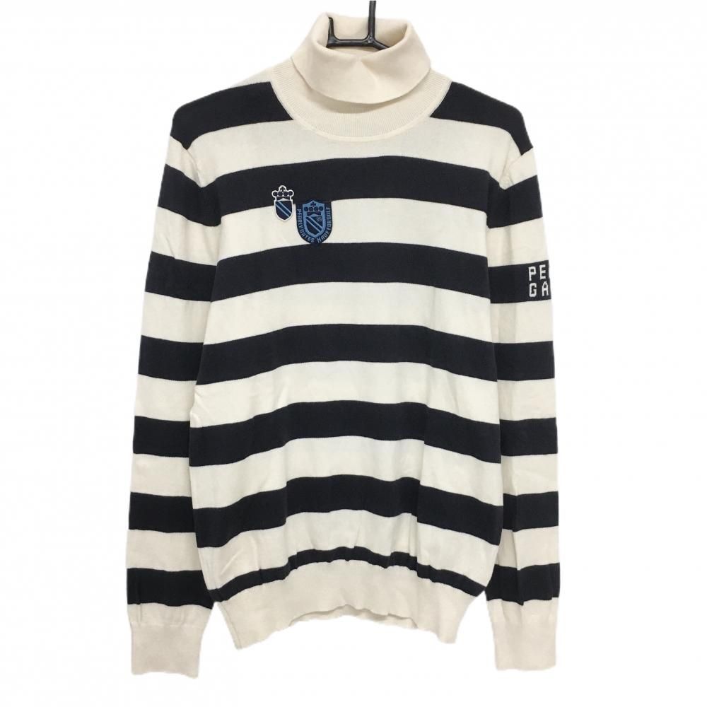 パーリーゲイツ タートルネックセーター アイボリー×ネイビー ボーダー ロゴワッペン ニット メンズ 5 L ゴルフウェア PEARLY GATES
