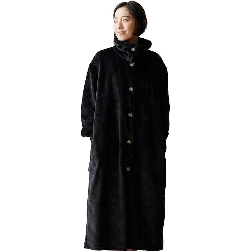 新品　[アクア] mofua (モフア) 着る毛布 プレミアムマイクロファイバー フードなし (襟/ハイネック) ロング丈 ブラック 【+2】 あったか 吸湿発熱素材 かいまき 男女兼用 冬 ルームウェア 冬 節