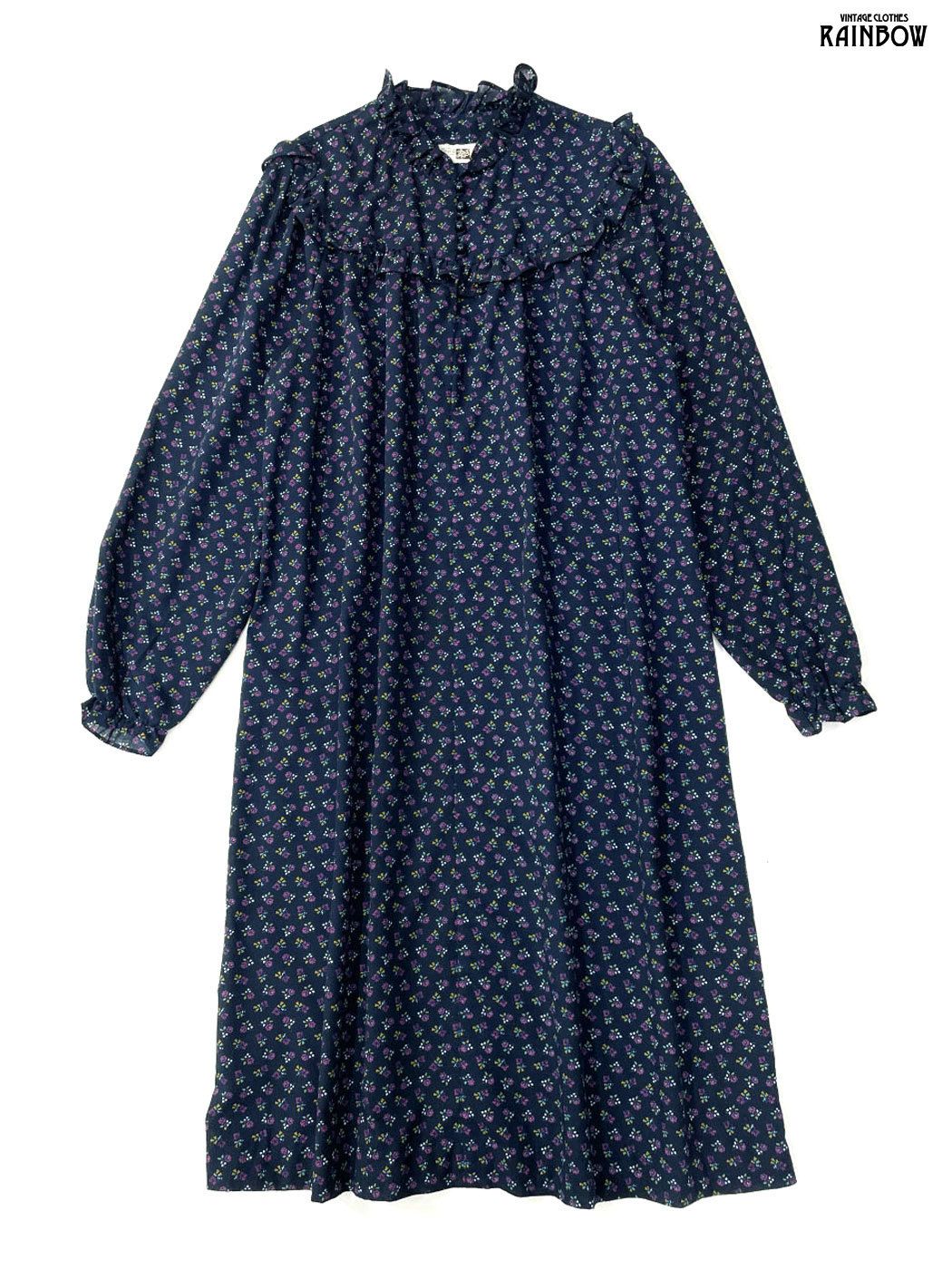 古着 Sears 花柄 コットン ロング丈 長袖 ワンピース 紺 otu2508012