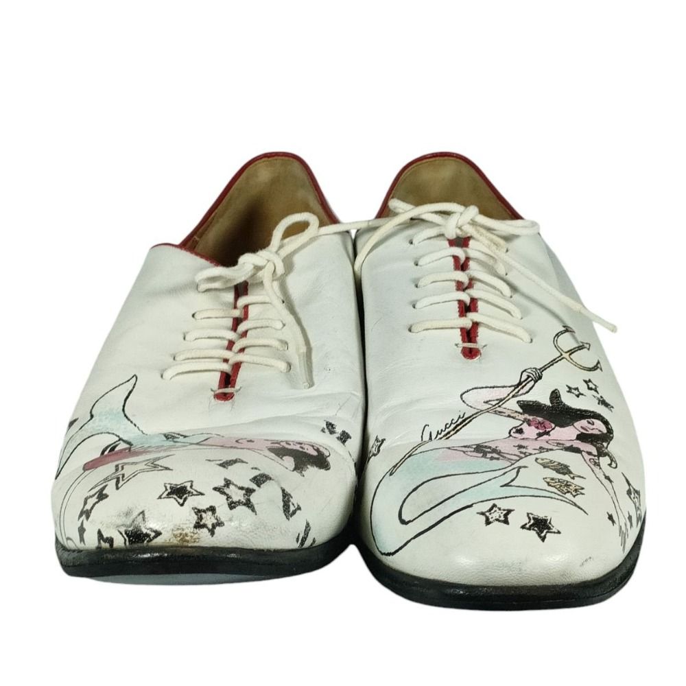 モカシン・デッキシューズ 良品 名作 GUCCI グッチ タトゥーコレクション レザー マーメイドペイント ホールカット シューズ 211712 42EJ 27㎝相当 ホワイト メンズ 古着 中古 USED 上品な見た目