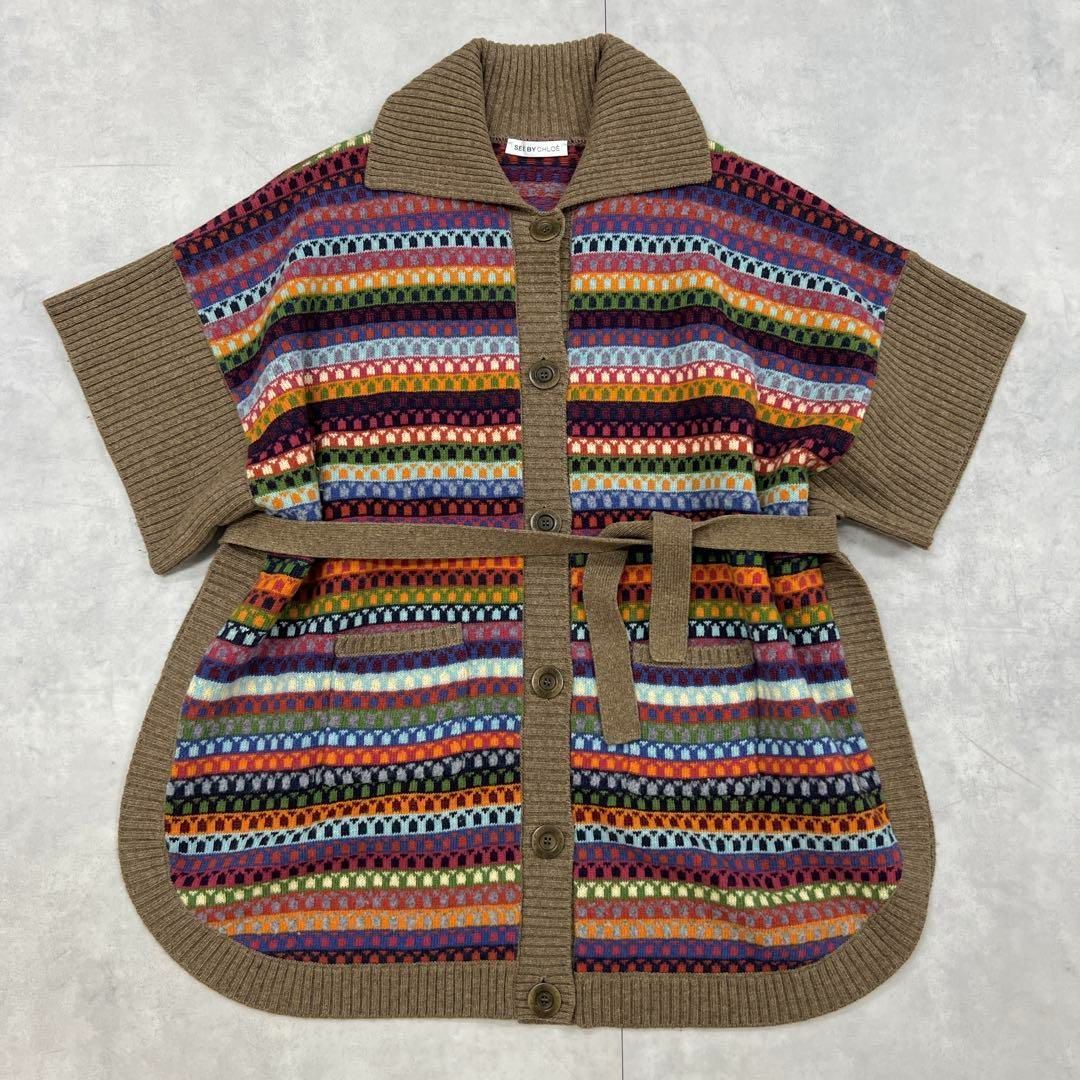 SEE BY CHLOE シーバイクロエ ニットポンチョ カーディガン 総柄 オーバーサイズ カシミヤ ウール マルチ