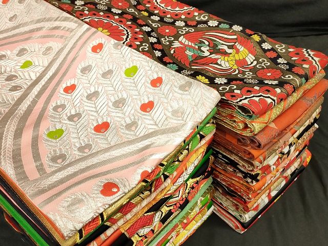平和屋本店 1円 子供帯 まとめて 35点 向かい鳳凰 鶴 孔雀羽 折り鶴 蝶 花柄 七宝 アンティーク 金銀糸 など あり se2913