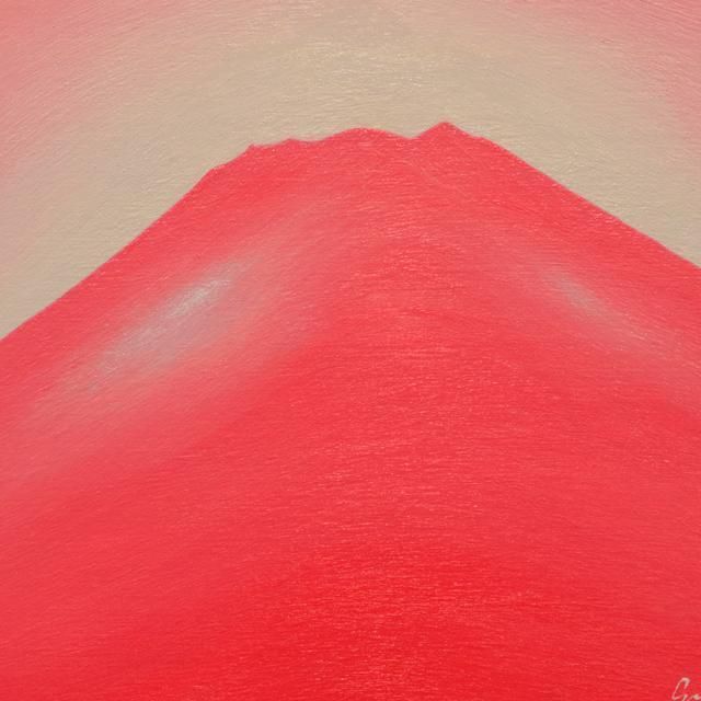 優しいピンクの桜色に染まる紅富士(梨ヶ原)▲がんどうあつし絵画油絵ホワイト額縁付 優しいピンクの桜色に染まる紅富士(梨ヶ原)△がんどうあつし絵画