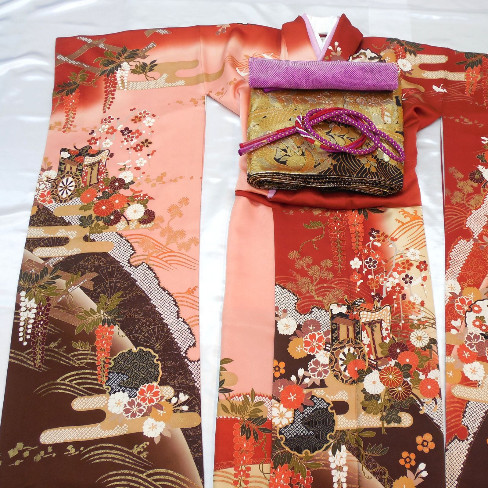 高級 振袖5点セット】 正絹 上品 サーモンピンク 古典柄 成人式 成人