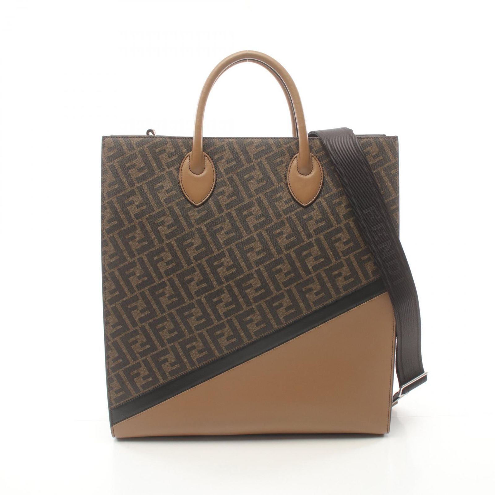 フェンディ FENDI トートバッグ ズッカ 7VA578 ダークブラウン/ベージュ PVCコーティングキャンバス レザー 2wayトート メンズ Used A