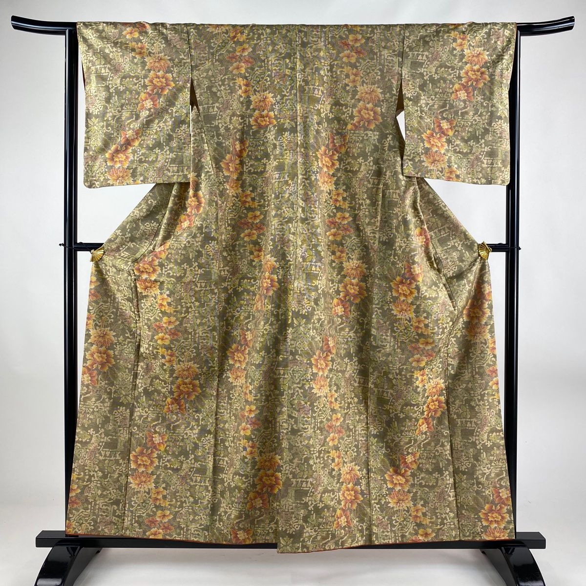 紬 身丈158cm 裄丈64.5cm M 袷 牡丹 草花 灰茶 正絹 優品 【中古  