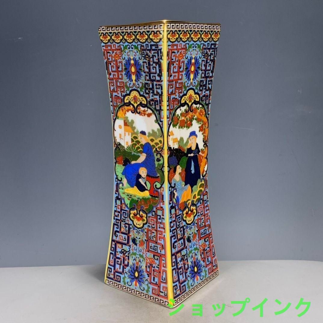 パステル蒔絵人物四角い花瓶 景徳鎮 陶磁器 装飾品 工芸品 美術