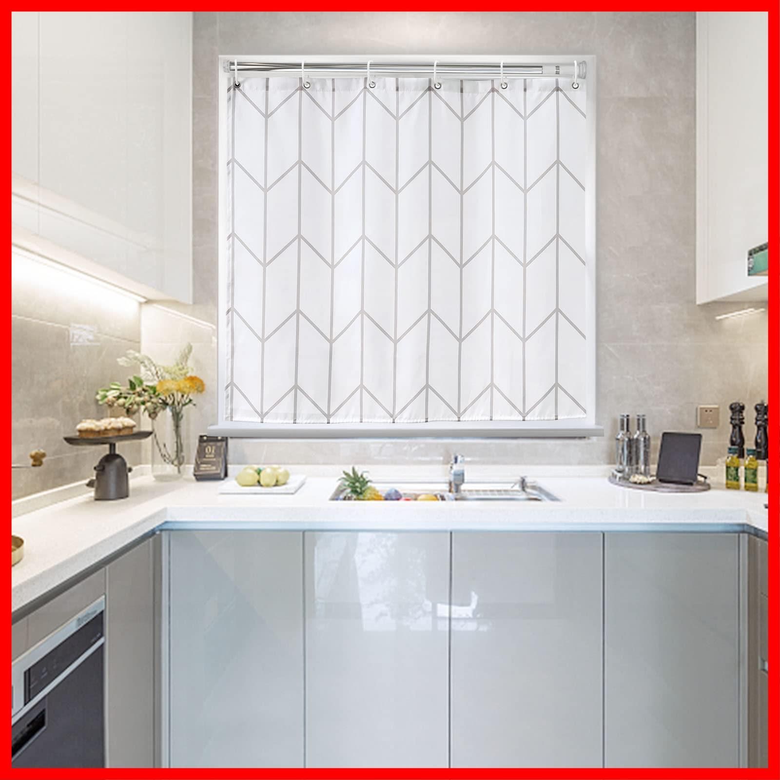 商品 取付簡単 洗濯可 リング付き 間仕切り カフェカーテン 60cm丈 ストライプ お風呂窓 浴室窓 ユニットバス 防カビ 短め ホワイト 防水 目隠し 小窓 シャワーカーテン AooHome