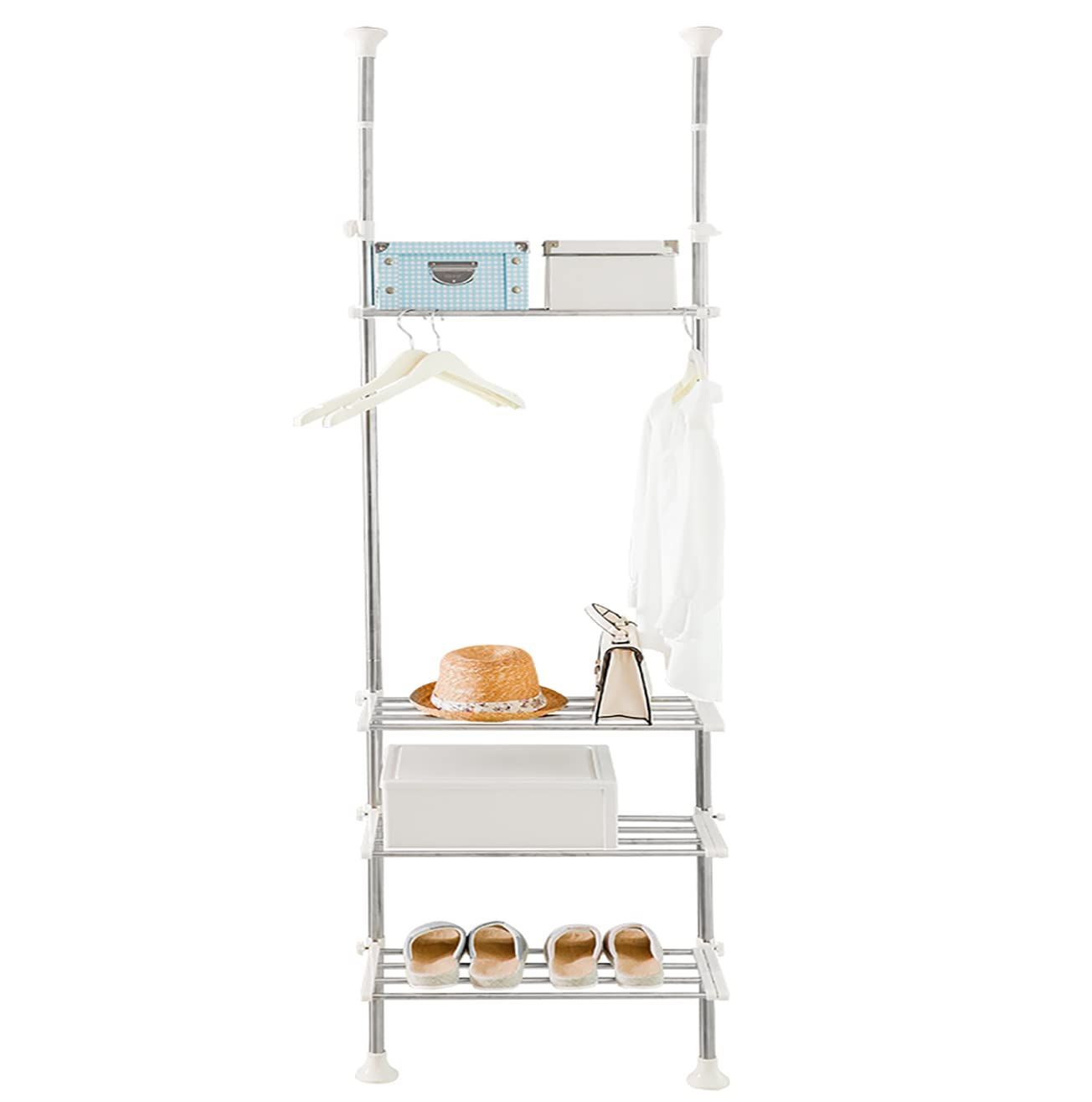 数量 ステンレス ランドリー収納 横幅伸縮式 段差があっても設置できる 収納ラック 耐荷重20kg 突っ張り式ラック 簡単設置 ランドリーラック4段 洗濯機ラック 省スペース つっぱり棚 ホワイト BAOYOUNI