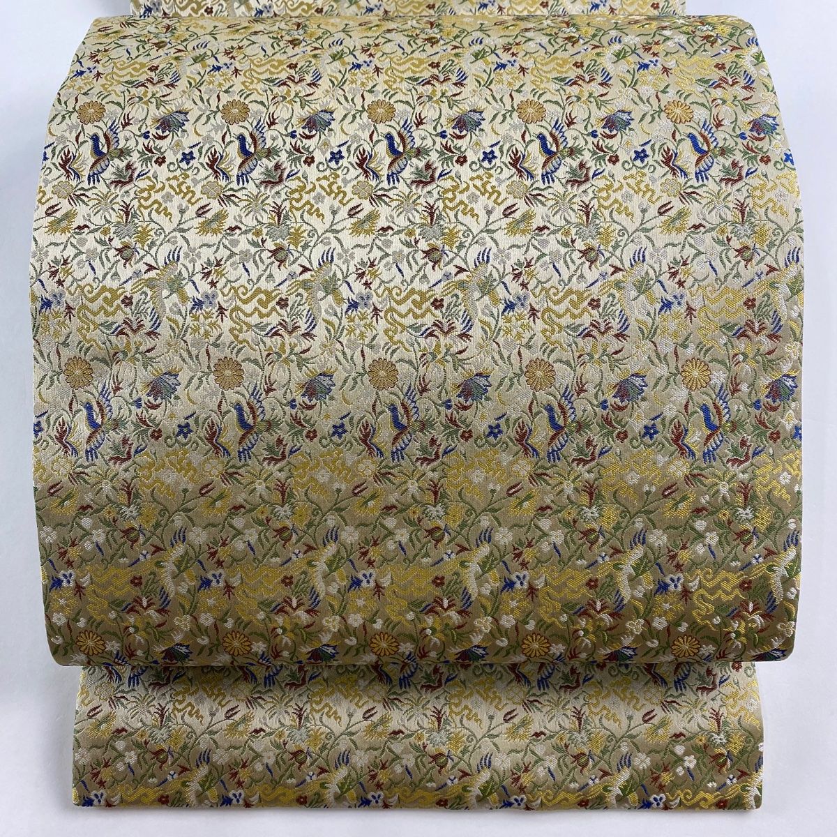 開き名古屋帯 名品 花鳥 草花 ベージュ 正絹