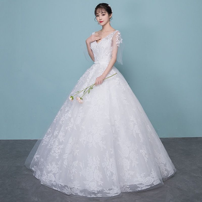 ここでご注文へようこそ! 床付きウエディングドレス 花嫁用 白 Vネック セクシー 韓国風 プリンセス スリム 細見え シンプル