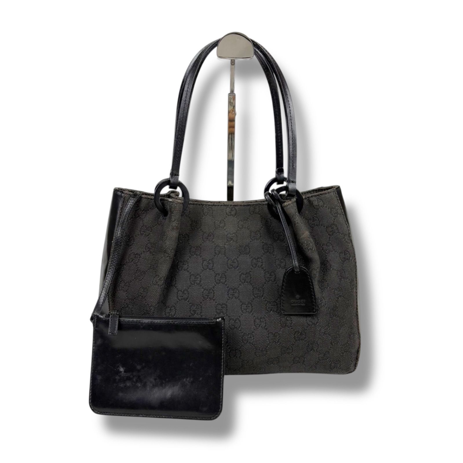 グッチ トートバッグ レザー×キャンバス A4可 肩掛け GG柄 ポーチ付