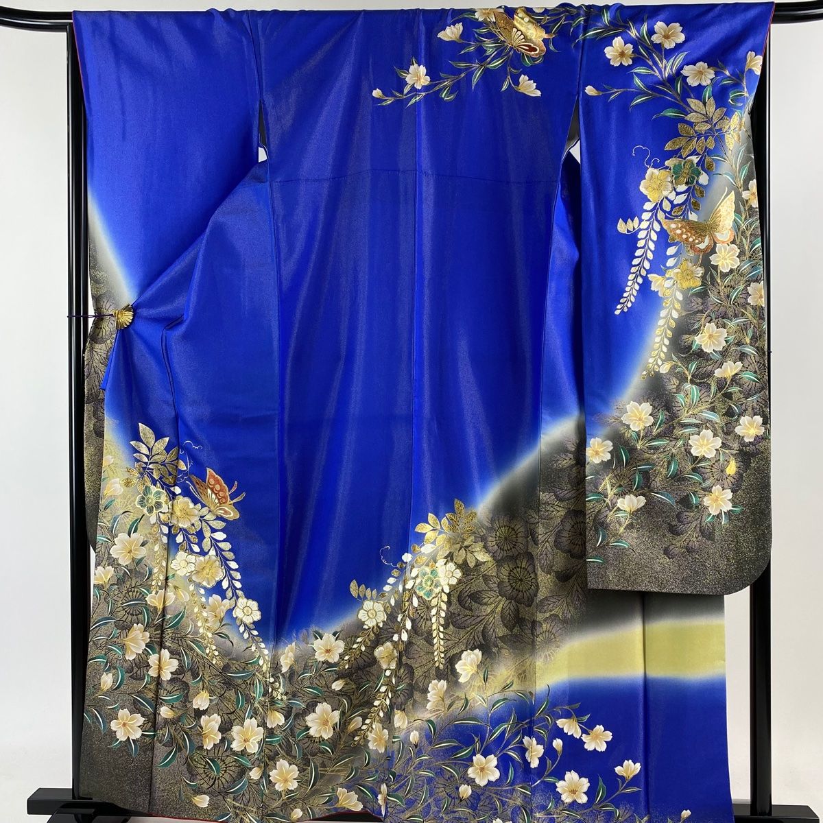 振袖 身丈160cm 裄丈67.5cm L 袷 蝶 草花 金通し 青 正絹 美品
