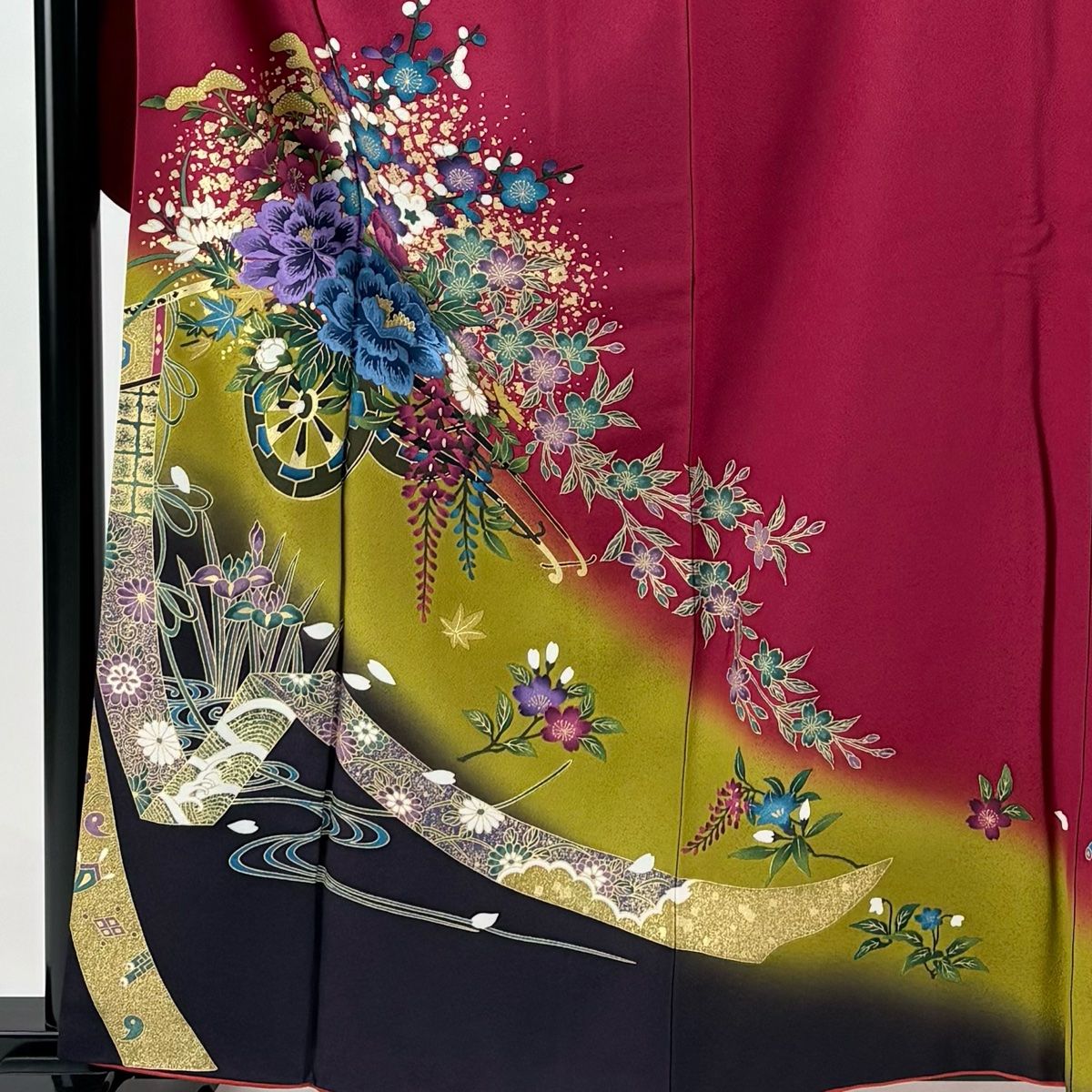 振袖 身丈160cm 裄丈67cm M 袷 花車 几帳 金彩 染め分け 濃ピンク 正絹 秀品