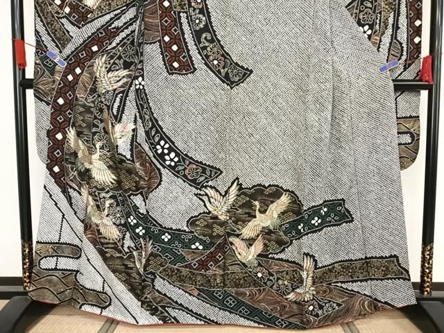 平和屋着物○豪華振袖 絞り 束ね熨斗飛鶴花文 黒地 金彩 正絹 逸品  